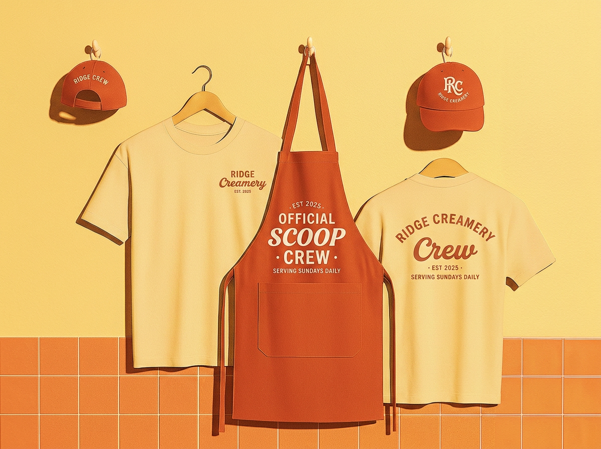 Team wearing on-brand merch